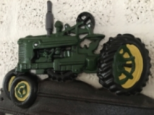 Farmhouse design coat rack with agricultural tractor, John Deere